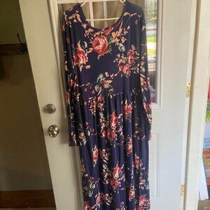 4XL Women's Long Sleeve Plus Size Maxi Dresses with Pockets | Rose Blue